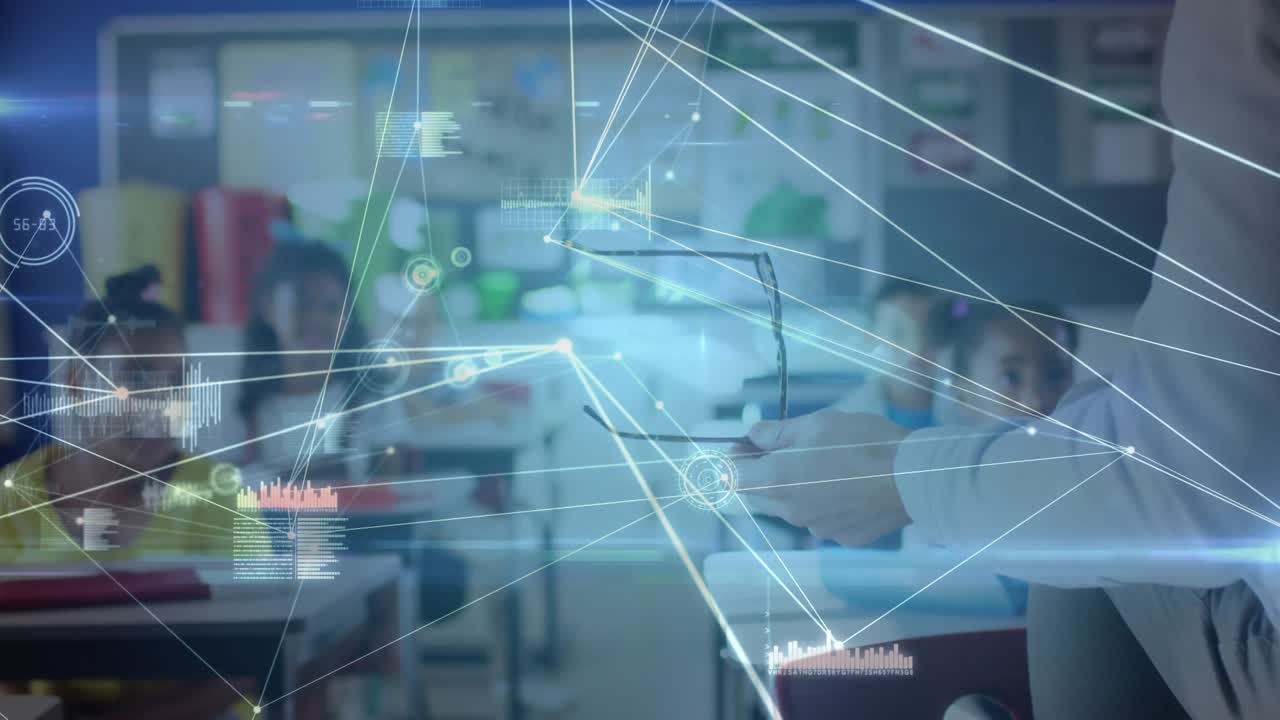 Animation of network of connections over mid section of male teacher teaching in class at school
