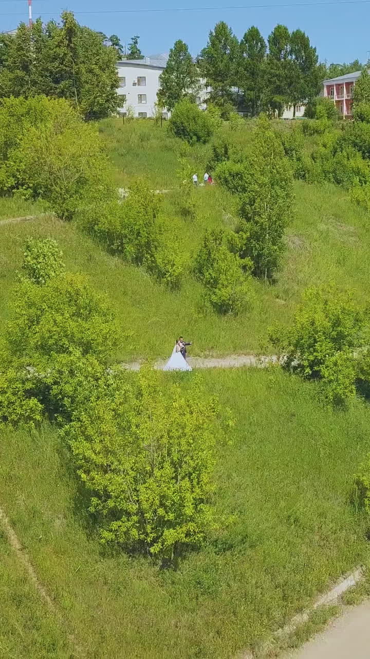 just married couple stands path with hairpin curves on picturesque green steep hill on nice sunny day bird eye view