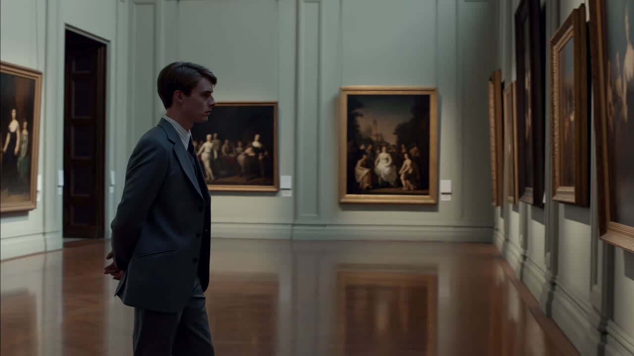 Uomo caucasico in abito che ammira dipinti in una grande galleria museale, pavimenti in legno lucido, quadri classici incorniciati
