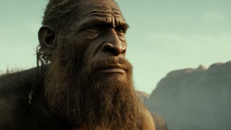 giant hominid with a long beard stands in a desert, curiously looking around its surroundings