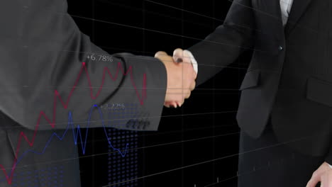 animation of data processing over businessman handshake