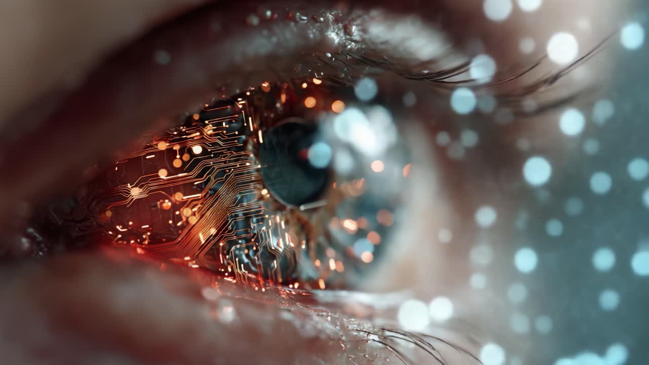Exploring the Fusion of Technology and Humanity: A Close-Up on a Cybernetic Eye with Glowing Circuitry Highlights the Convergence of Biological and Digital Worlds