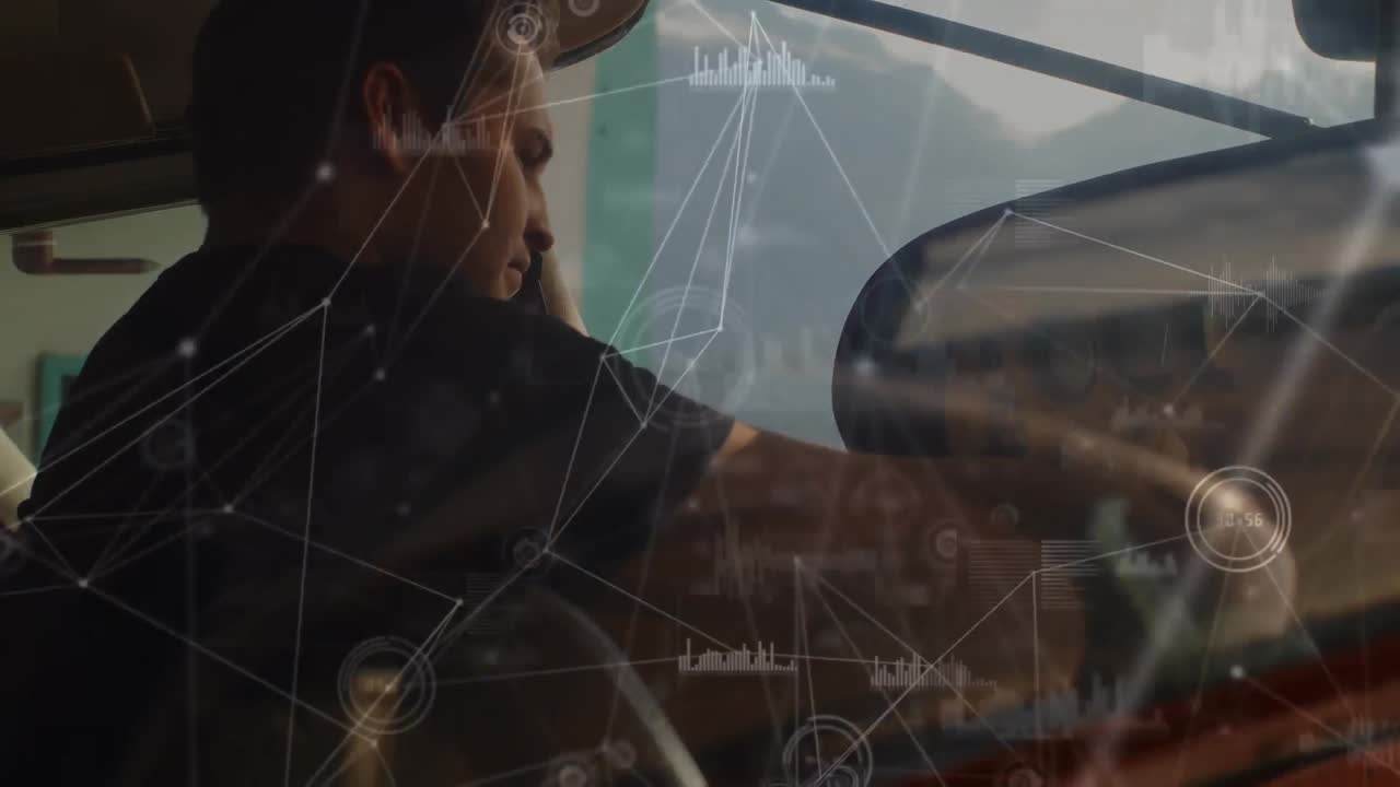 red de conexiones y procesamiento de datos contra el piloto caucásico sentado en un avión privado