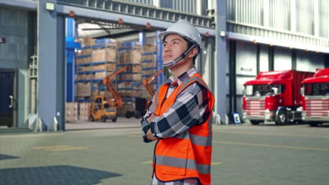 side view of asian male engineer with safety helmet crossing his arms and looking around while standing , outside of logistics distributions warehouse