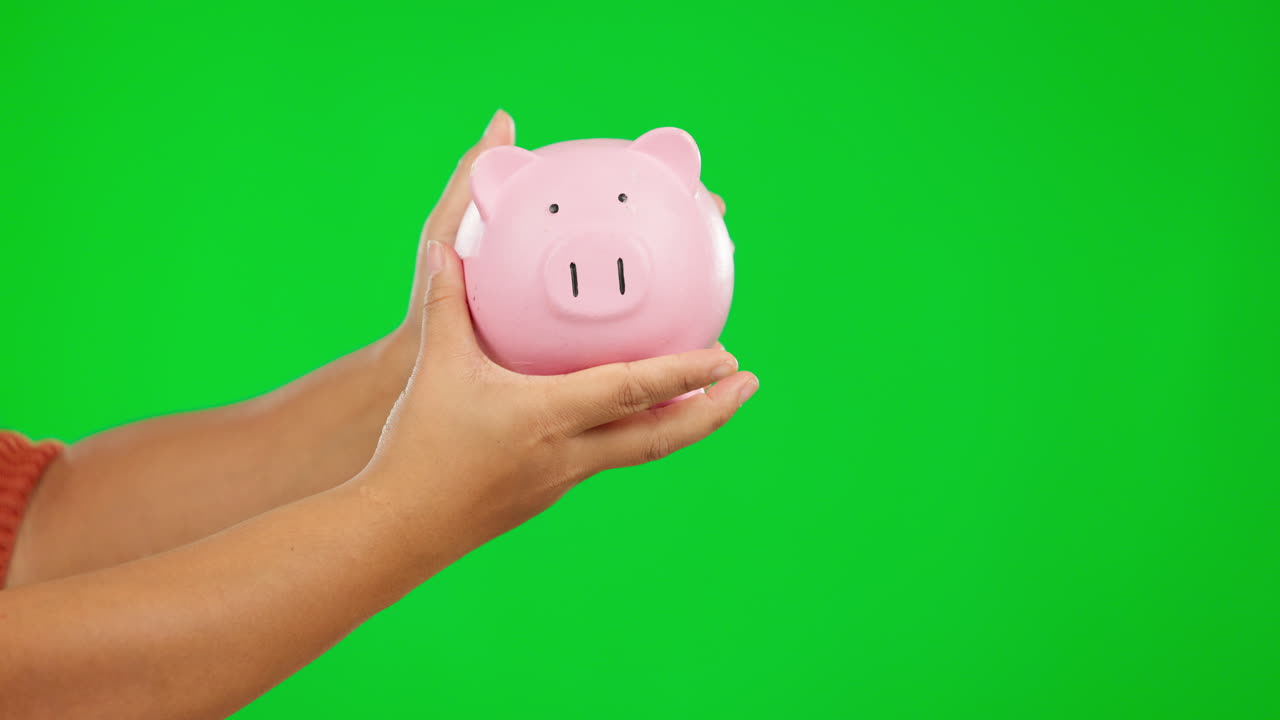 Piggy bank, offer and person hands on green screen