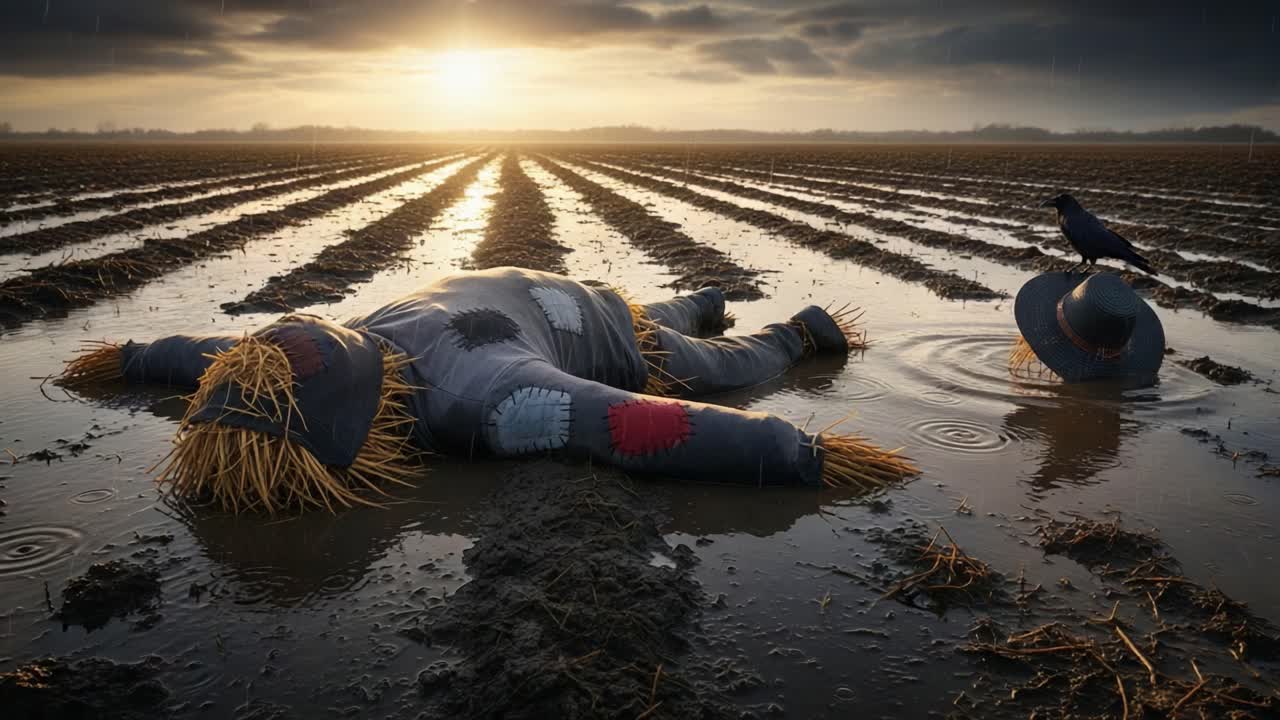 A hauntingly beautiful scene of a straw scarecrow resting in a flooded field at sunset, with a lone crow perched nearby, capturing the essence of rural tranquility and solitude