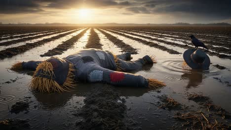 a hauntingly beautiful scene of a straw scarecrow resting in a flooded field at sunset, with a lone crow perched nearby, capturing the essence of rural tranquility and solitude