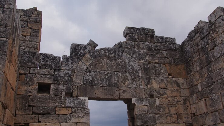 Ripresa in picchiata di un portale di antichi edifici a Gerapoli
