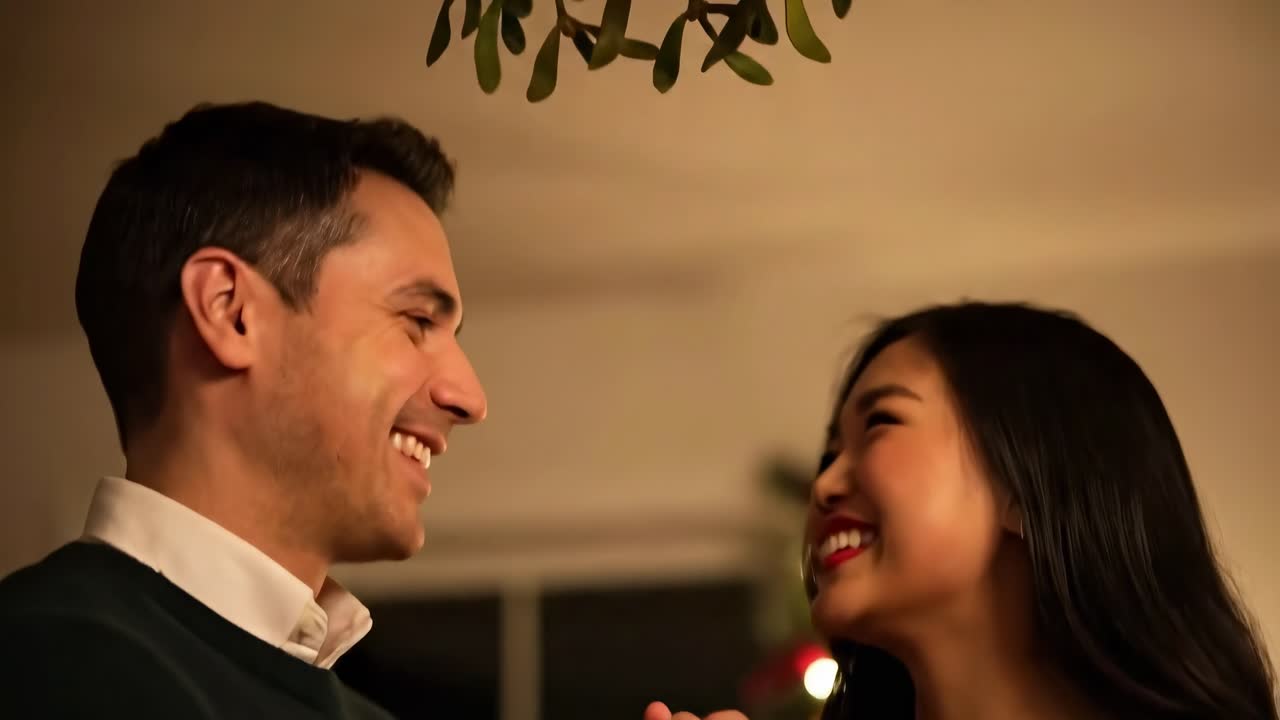 A romantic video scene with a close-up angle of a couple smiling and holding hands