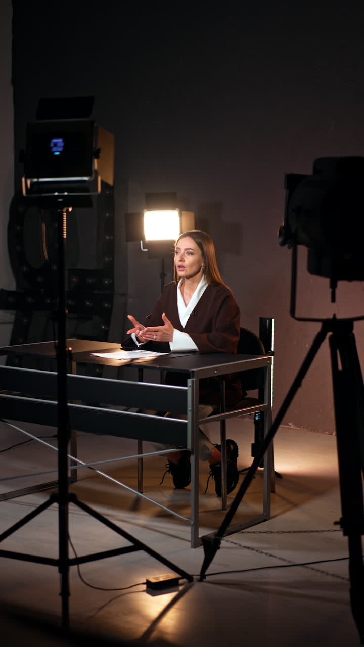 Long-haired Caucasian woman sitting at desk in the studio. Light equipment is around the blogger. Footage of blog content. Vertical video.