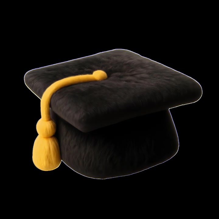 Render 3D di un tocco di laurea soffice che ruota su sfondo nero