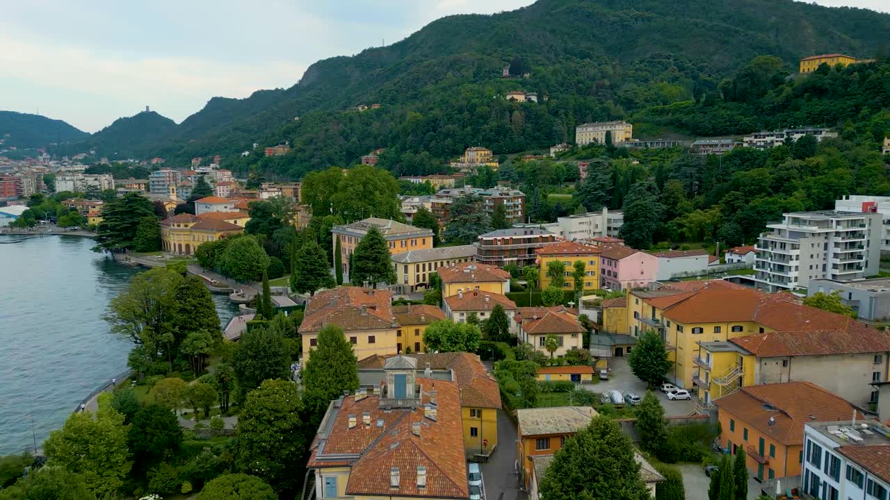 4K Aerial Drone Video of the Beautiful Lakeside Gardens of Villas on Lake Como, Italy in the Summer