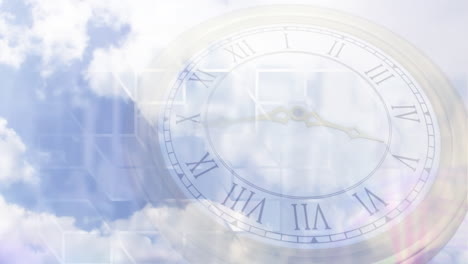 animation of blue sky and clouds over clock moving