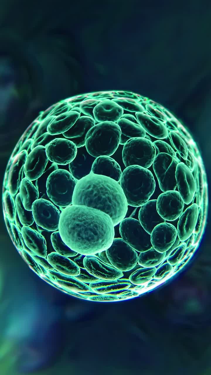Close-up video of a glowing, spherical cell structure, showcasing intricate details and textures