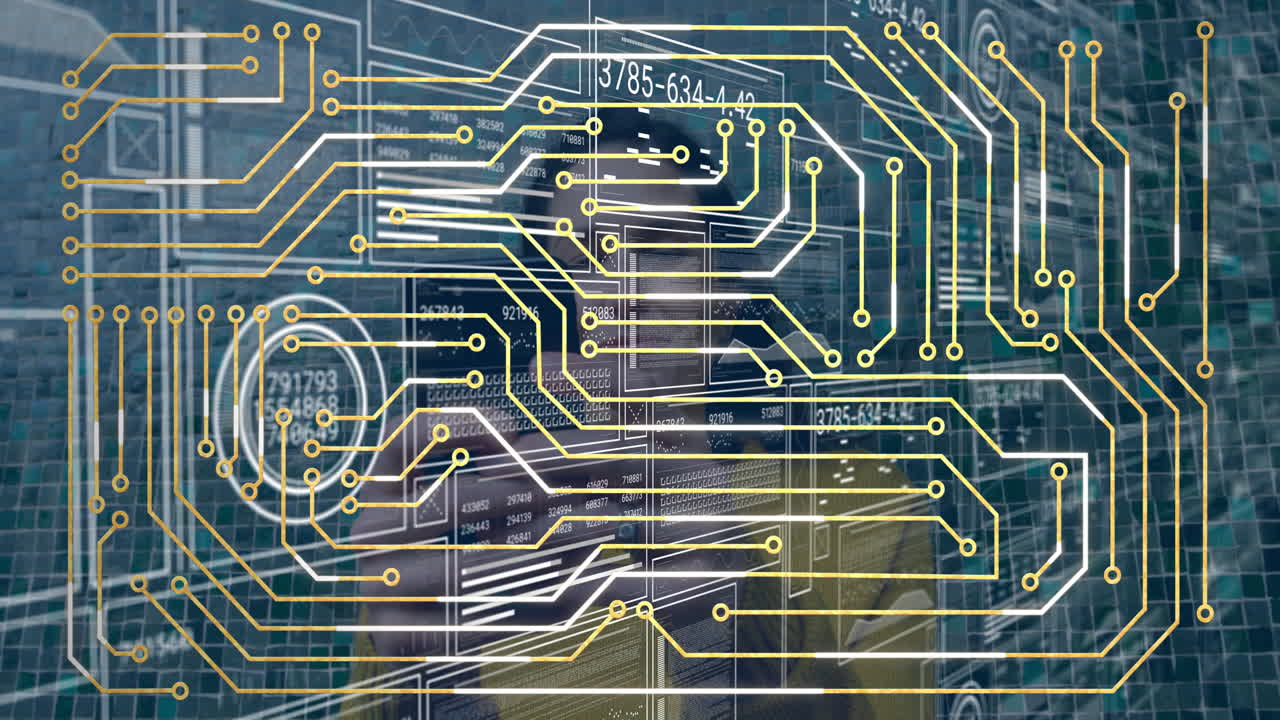 Overlaying financial data and graphs, animation of circuit board design on screen