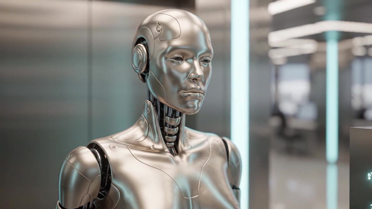 Un robot umanoide futuristico esposto in un elegante ambiente di ascensore metallico, impegnato in interazione, che mette in mostra tecnologia e design avanzati nel campo della robotica.