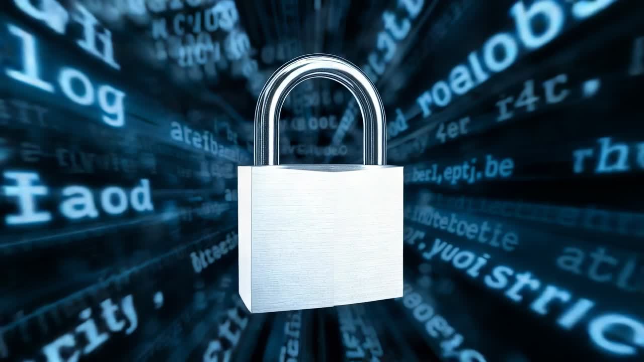 Appearing silver padlock spinning inside code tunnel securing data with streaming alphanumeric code