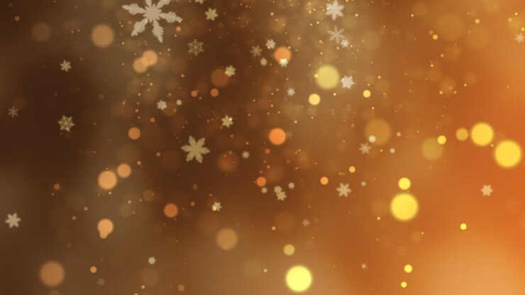 Flying gold snowflakes and round bokeh on shiny night sky