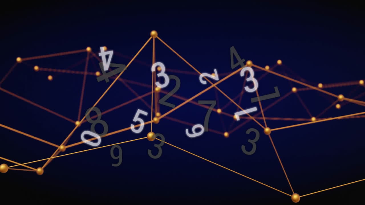 Animation of numbers floating over interconnected lines and nodes on dark background