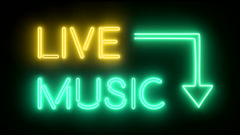 live music neon sign lights logo text glowing multicolor 4k