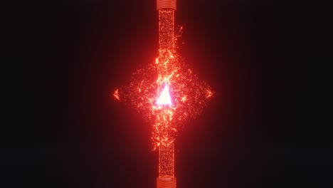 video en 4k de partículas de energía de color rojo abstracto que forman una forma de cubo de ciencia ficción alrededor de una fuente de energía triangular. animación gráfica de movimiento de bucle sin costuras de las partículas de energía.