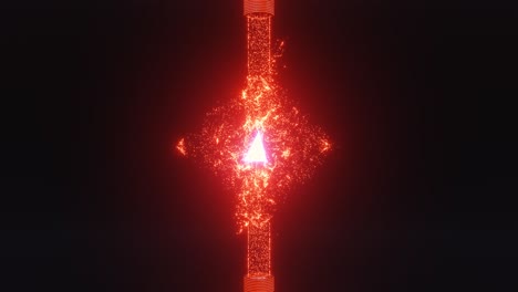 4k video of abstract red color energy particle forming sci-fi cube shape around a triangular energy source.   seamless loop motion graphic animation of energy particles.