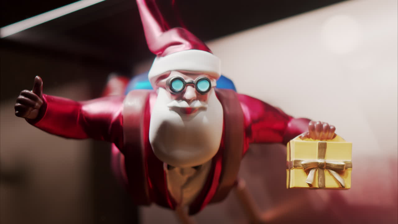 Santa Claus flying down and holding a present and figurine