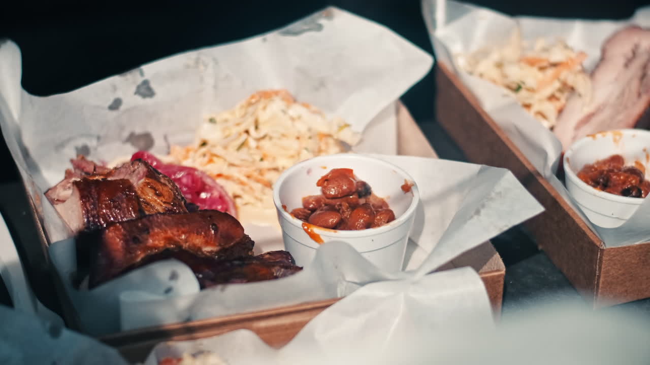 Dishes with meal. Meat and toppings. BBQ