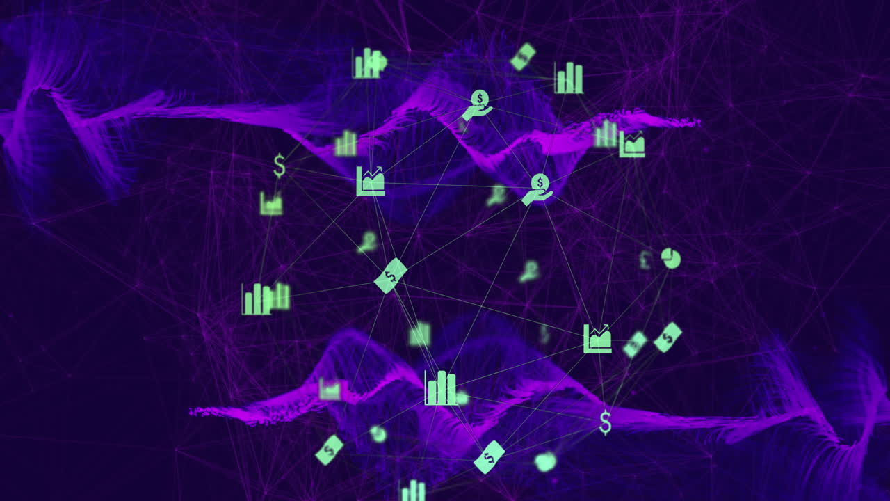 Animation of graph and dollar sign icons connecting with lines and forming globe over mesh network