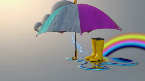 colorful umbrella and yellow rain boots with lightning and rainbow