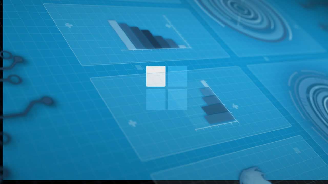 Bar graphs and data charts animation over blue grid background