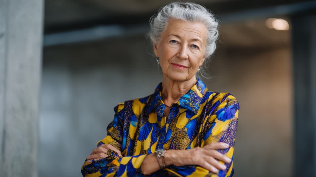 Donna anziana sicura di sé con un sorriso grazioso e un outfit elegante, in posa per un ritratto in un ambiente interno moderno, che emana fascino ed eleganza con le braccia incrociate