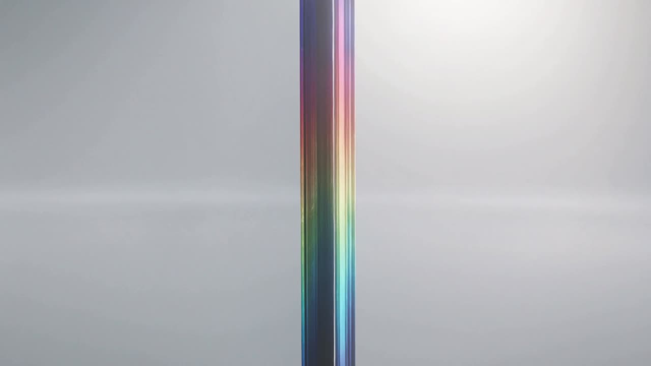 Rising center rainbow column narrowing into thin strands, reforming on gray field with midline band