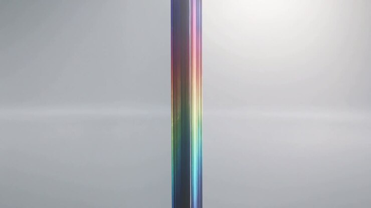 Rising center rainbow column narrowing into thin strands, reforming on gray field with midline band