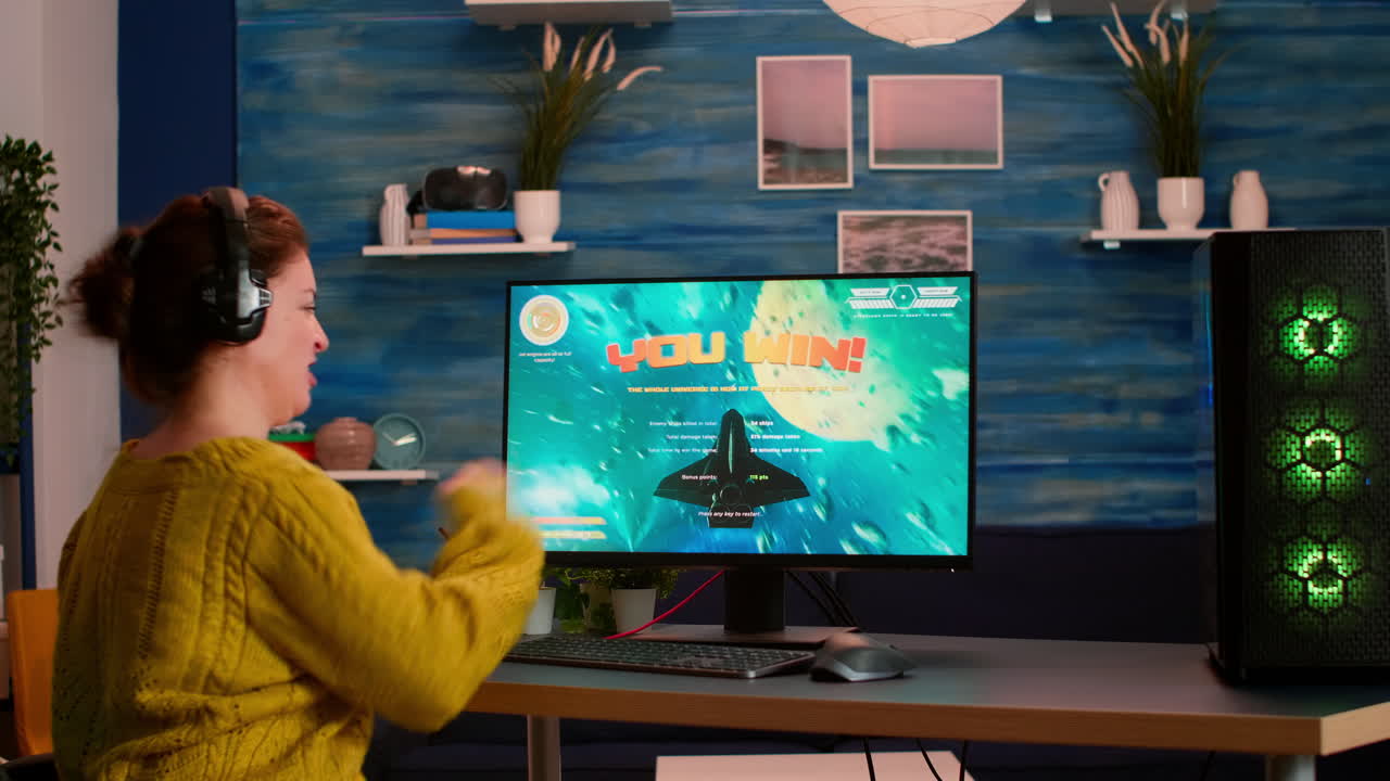 Excited player winning an important virtual egame competition