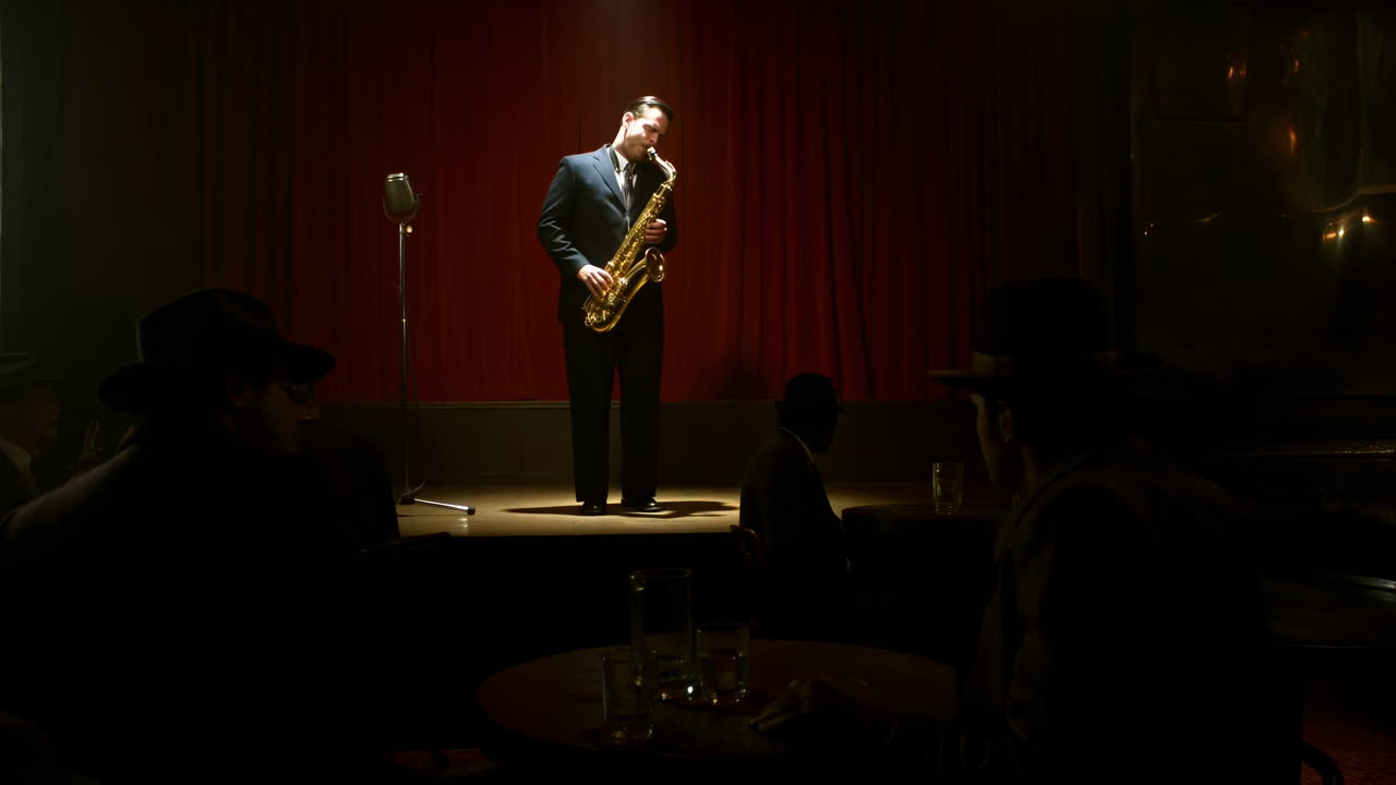 Sassofonista su un palco poco illuminato immerso in un caldo riflettore, sfondo di tenda rossa, microfono vintage.
