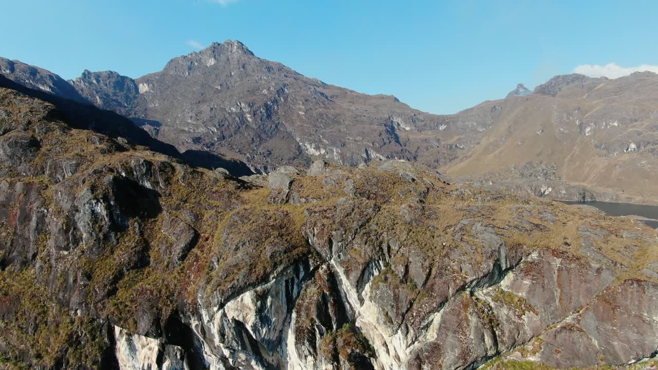 4k aerial drone revealing footage of the 4th lagoon (lake) of Pichgacocha from Ambo, Huanuco, Peru in the Andes mountains. Boom-jib up  wide angle shot.