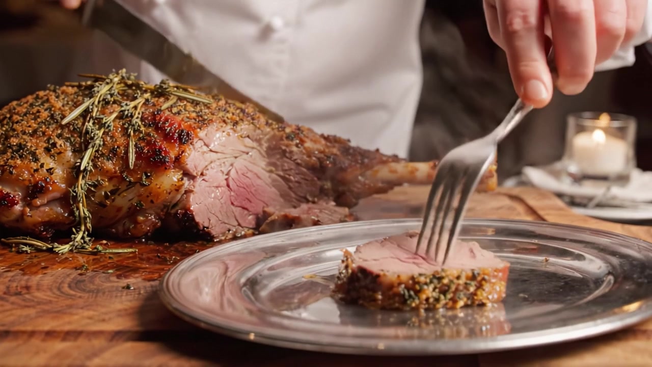 Uma Obra-Prima Culinária: Esculpindo Habilmente Carne Assada Suculenta com Ervas Frescas para uma Experiência Gastronômica Deliciosa