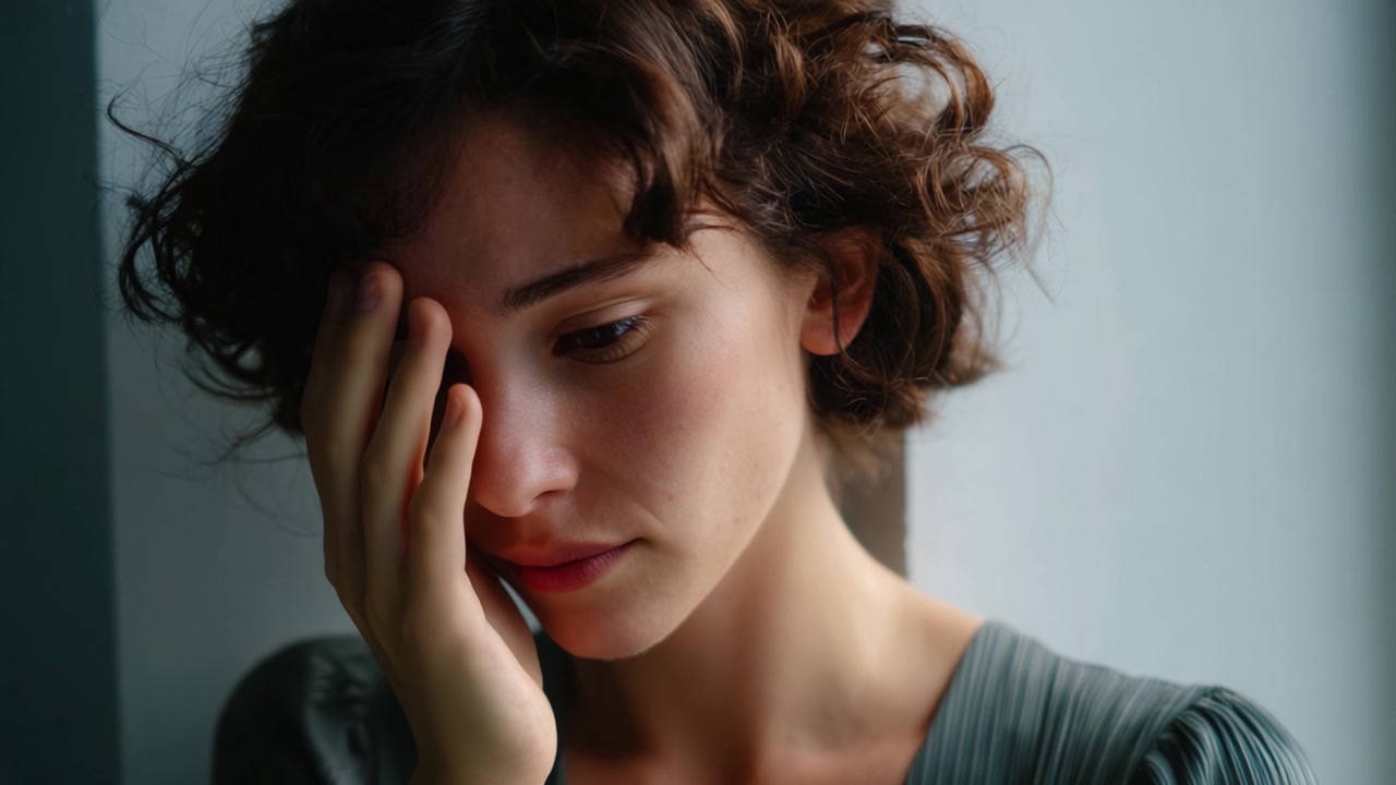 Expressive Close-Up of a Contemplative Woman with Curly Hair, Reflecting Emotion and Uncertainty While Resting Her Hand on Her Face Against a Window