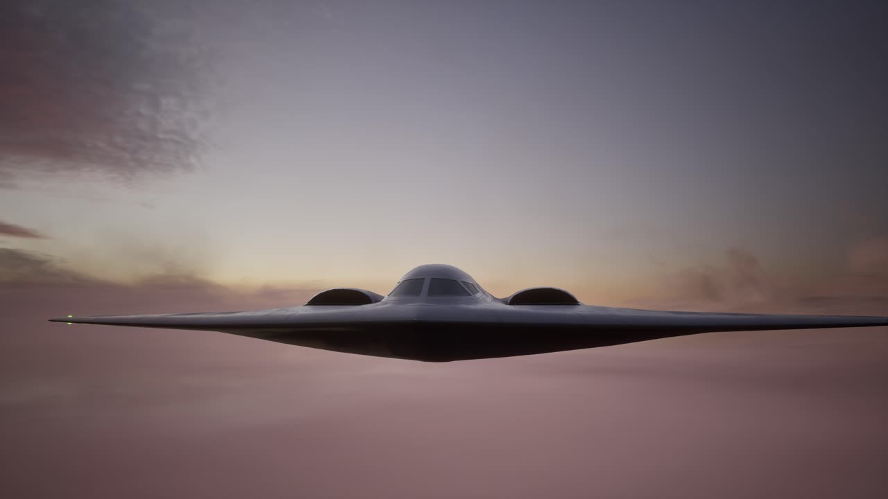 Bombardiere stealth che vola al tramonto