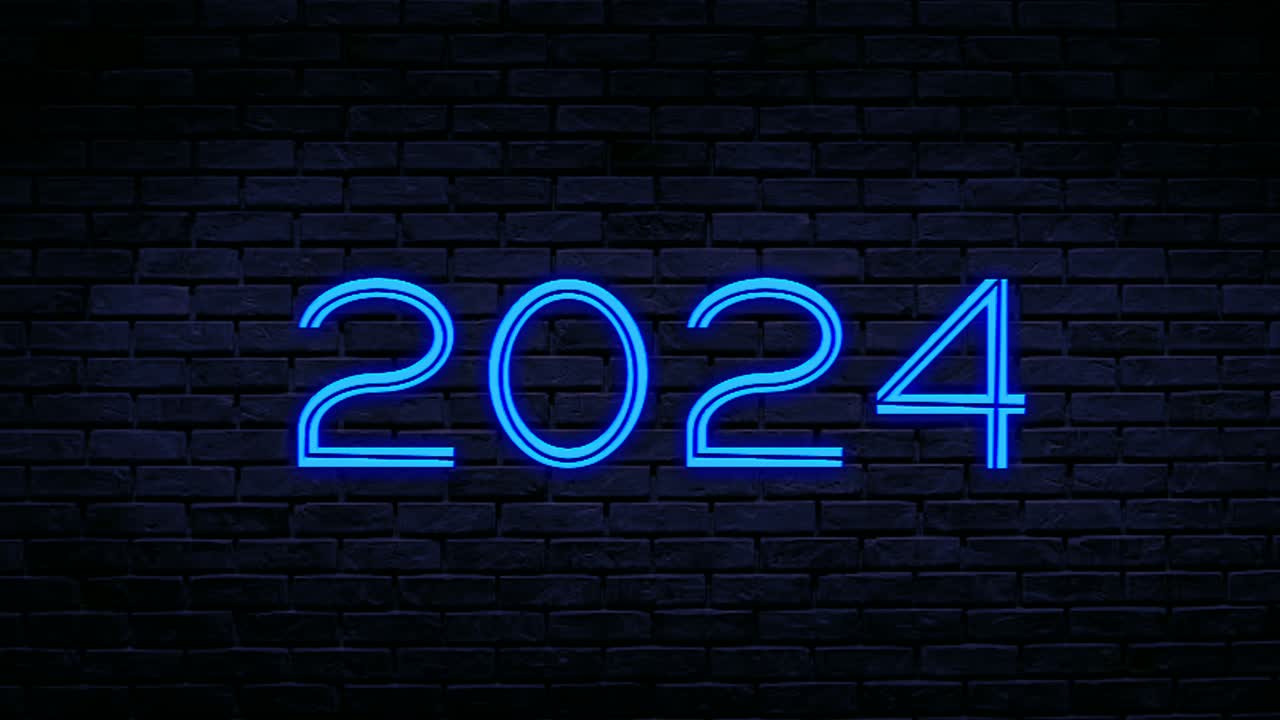 número de neón azul 2024 animación gráficos de movimiento en el fondo de la pared de ladrillo