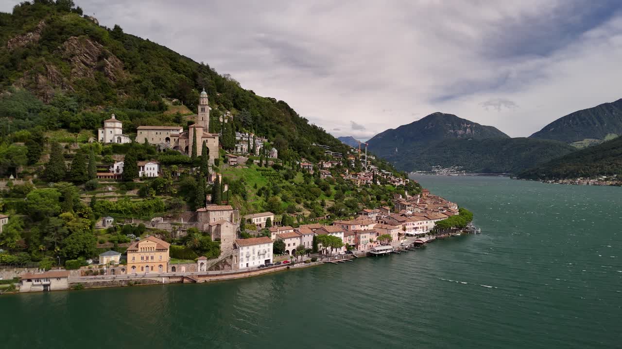 Swiss village on hill, shore of Lugano lake, Morcote Switzerland municipality