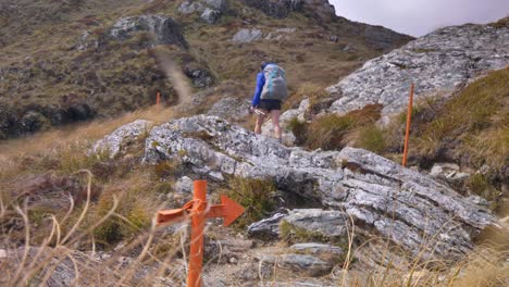 slider, hiker climbs rocky alpine terrain in windy conditions, routeburn track new zealand