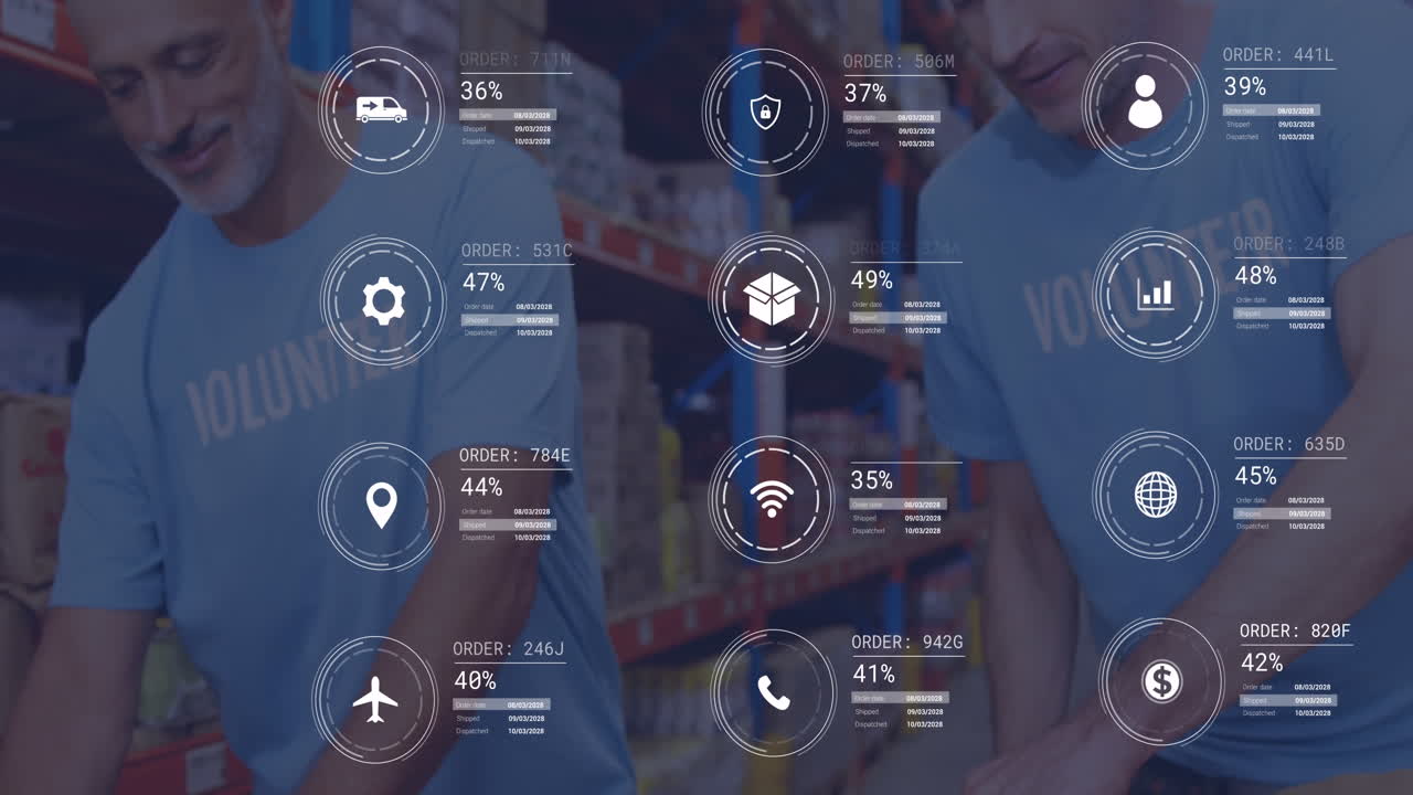 animación del procesamiento de datos sobre dos voluntarios caucásicos abriendo bolsas de donación en el almacén