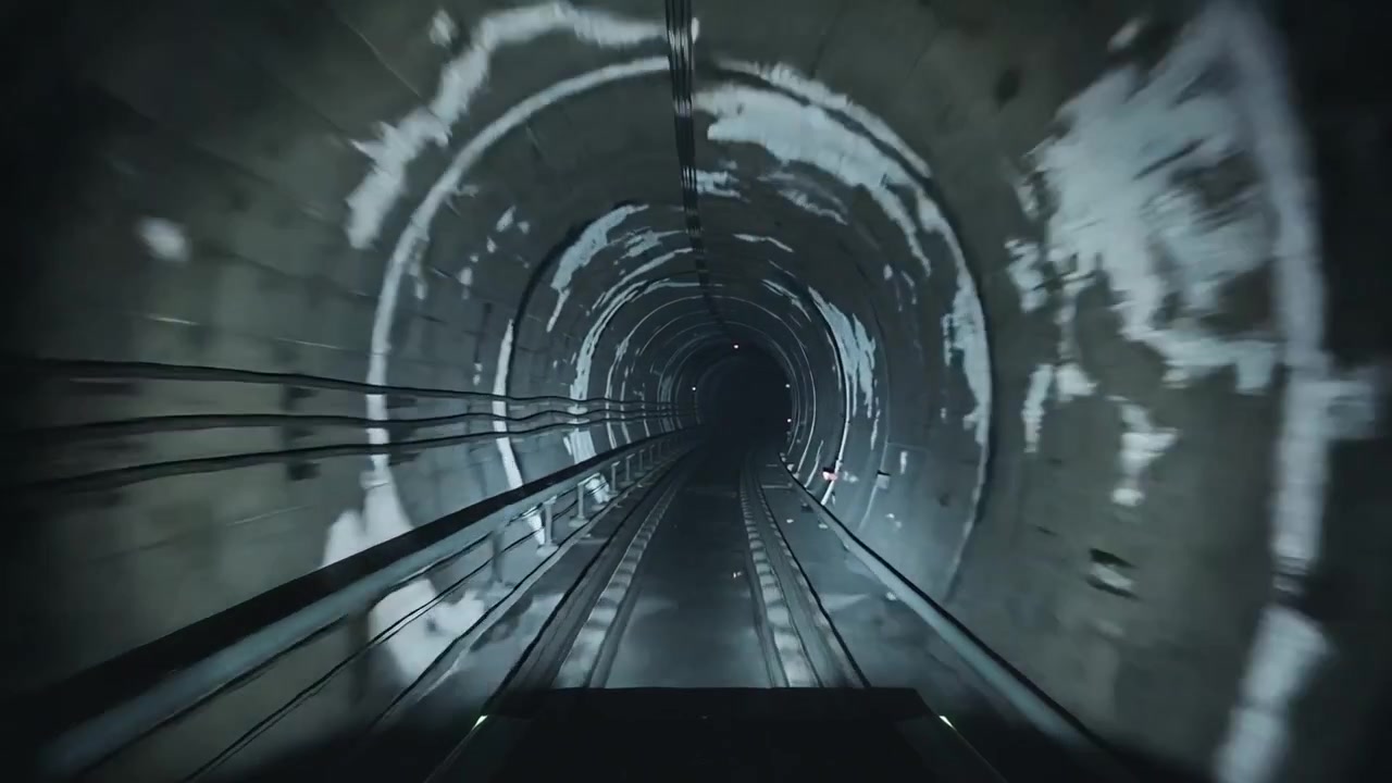 Telecamera frontale del veicolo in movimento che entra in un tunnel di cemento dopo la partenza, mostrando doppi binari e cavi