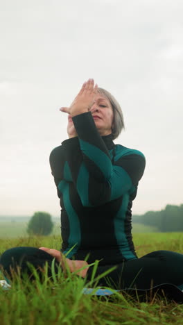 mujer de mediana edad sentada en una alfombra de yoga en un campo de hierba brumosa, mientras practica yoga con los ojos cerrados yoga cara de vaca, bajo un cielo nublado, rodeada de naturaleza en un entorno al aire libre tranquilo