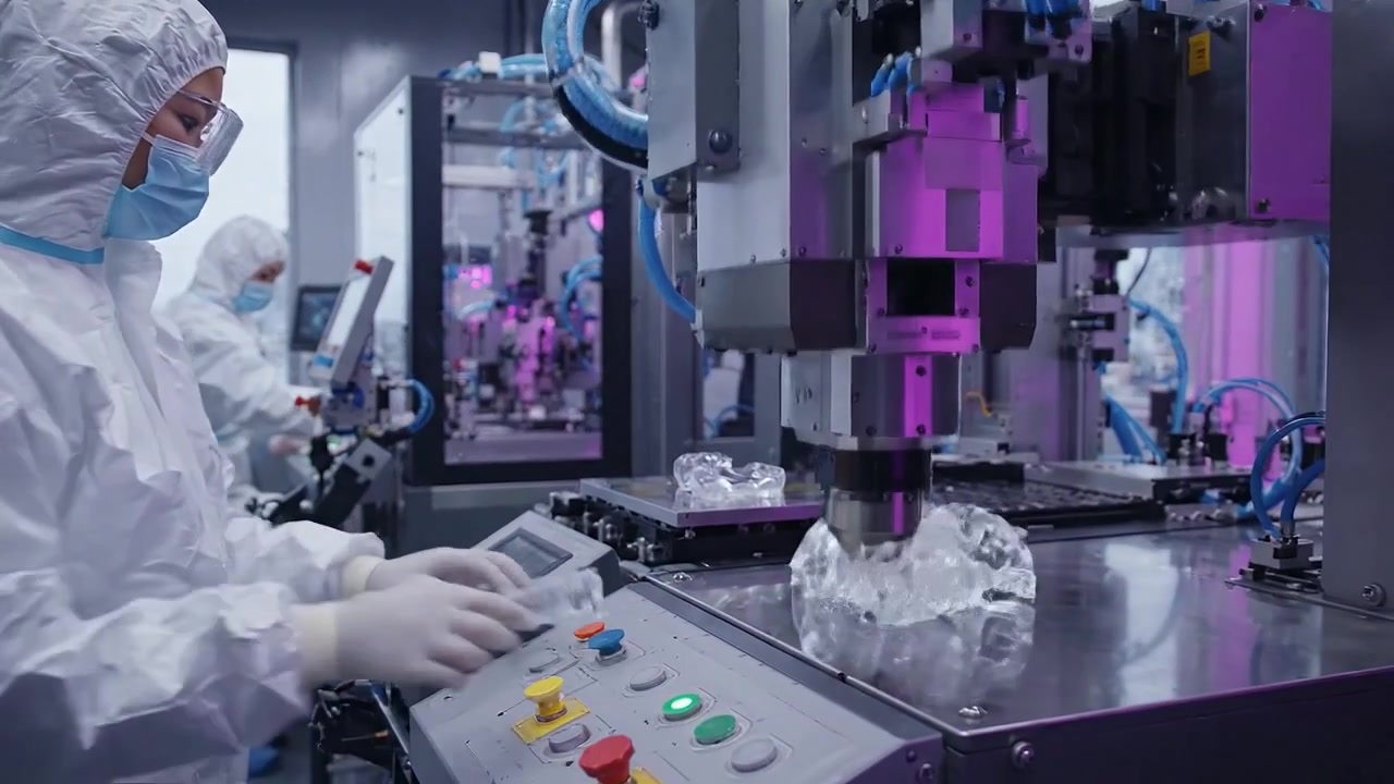 Scientist in Cleanroom Operating Automated Resin Injection Machine