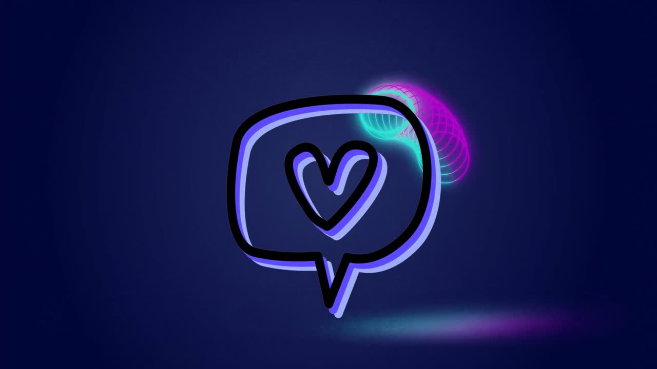 Animation of heart in message box over moving circles against blue background