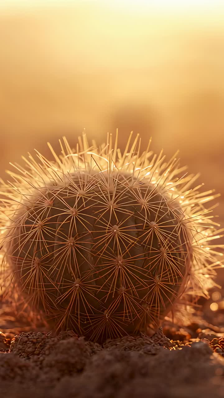 Video verticale: messa a fuoco che si sposta verso un cactus a botte nel deserto, con la luce del sole che crea un alone attorno alle spine