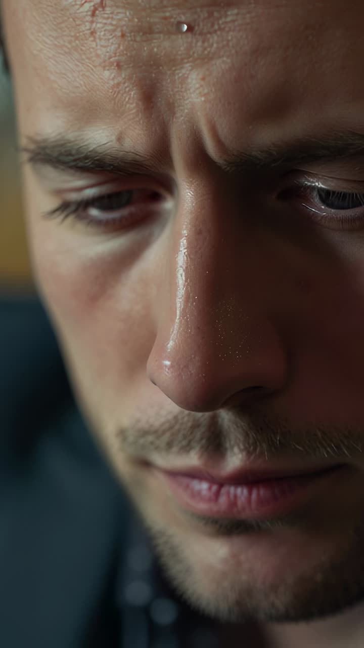 Vertical video: Blinking man with forehead stud tense, glancing left and frowning in seat, jacket